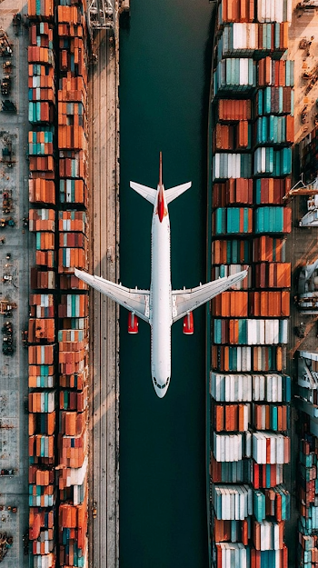 Aerial View of Commercial Airplane Amidst Cargo Containers