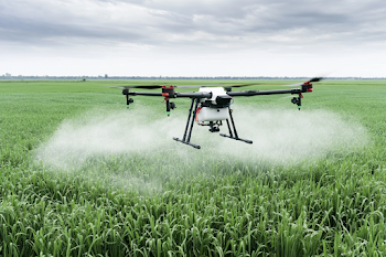 Agricultural Drone Spraying Pesticides Over Lush Green Crops