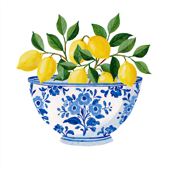 Artisanal Blue and White Majolica Lemon Bowl Illustration