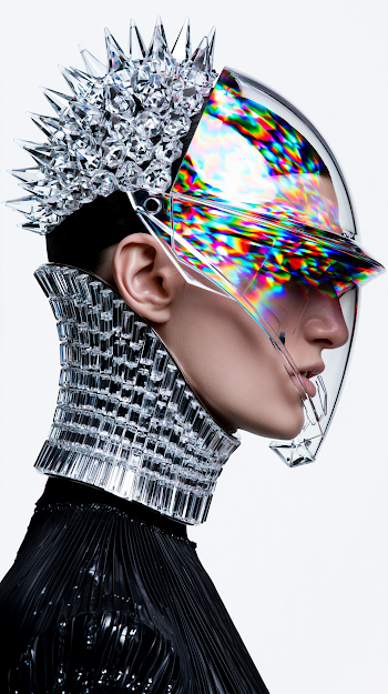 Avant-Garde Woman in Transparent Crystalline Helmet