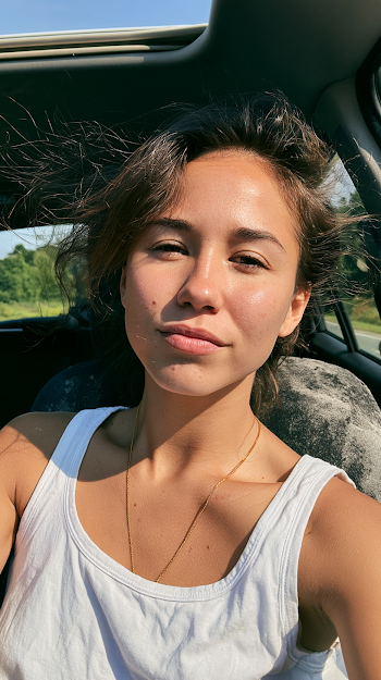 Casual Sunlit Portrait of a Young Woman in a Car