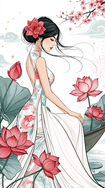 Celebrating Vietnamese New Year: Elegant Girl in Ao Dai amidst Lotus Ponds
