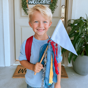 Cheerful Young Boy with Flag on Welcoming Porch
