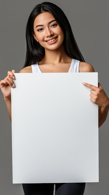 Cheerful Young Woman Holding a Blank Poster