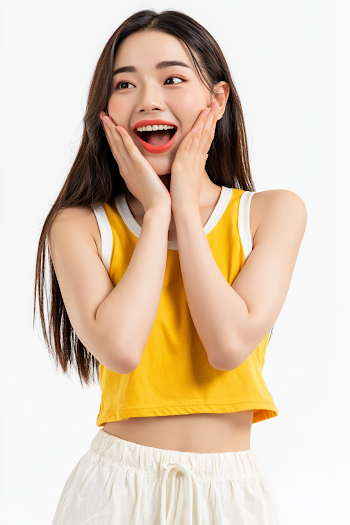 Cheerful Young Woman in Bright Fashion