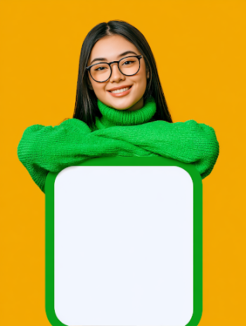 Cheerful Young Woman in Green Sweater with Blank Sign