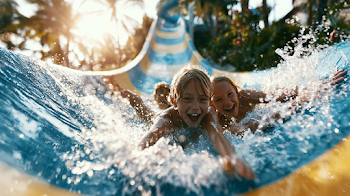 Children Splashing Down a Water Slide at a Family Resort