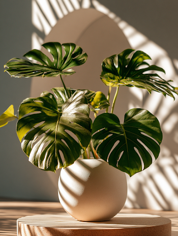 Close-Up of Lush Monstera Plant in Soft Lighting