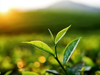 Close-Up of Unfurling Tea Plant Leaves in Morning Light