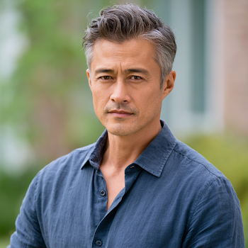 Confident Asian Man in Blue Shirt