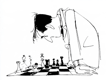 Contemplative Chess Player in Mid-Century Cartoon Style