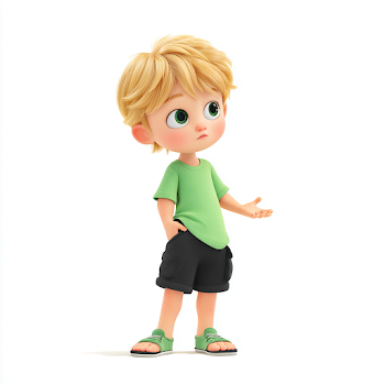 Curious Cartoon Boy in Green T-Shirt