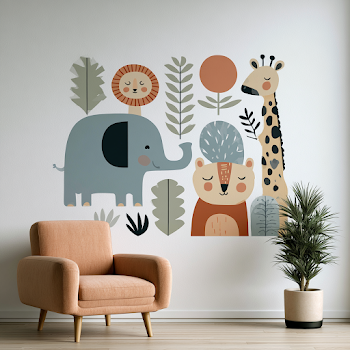 Cute Baby Elephant with Safari Friends - Nursery Wall Mural