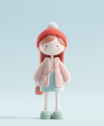 Cute Cartoon Girl in Red Hat and Pink Sweater