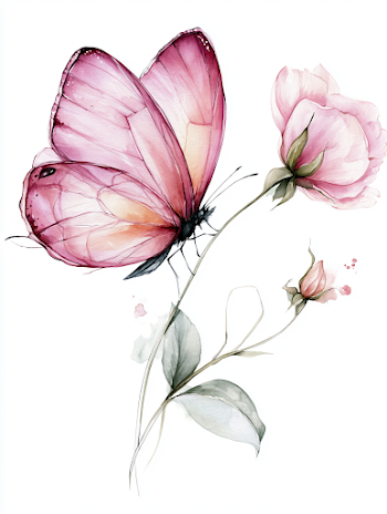 Delicate Pink Butterfly and Wildflower Watercolor Illustration