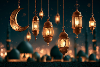 Eid Al-Adha Festive Glow with Crescent Moon and Lanterns
