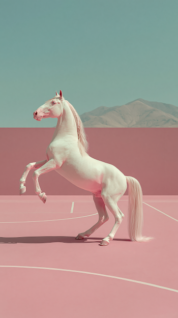 Elegance in Motion: Surreal Cream Horse on Pastel Court