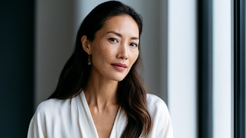 Elegant Asian Woman with Melasma in Minimalist Interiors