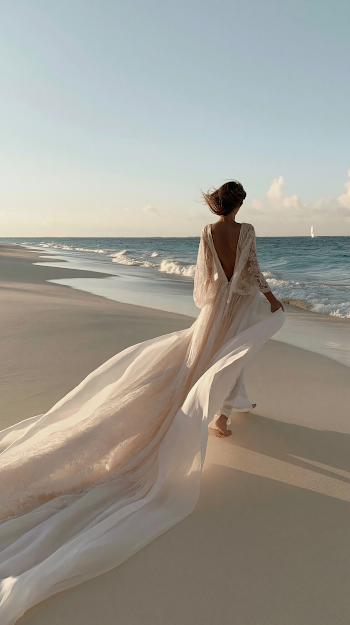 Elegant Beach Walk in White Dress