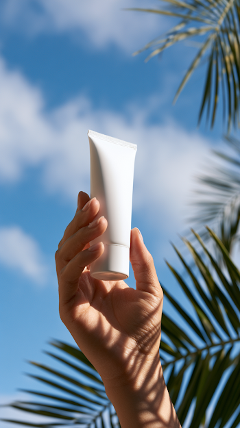 Elegant Cosmetic Cream Tube Against Summer Sky