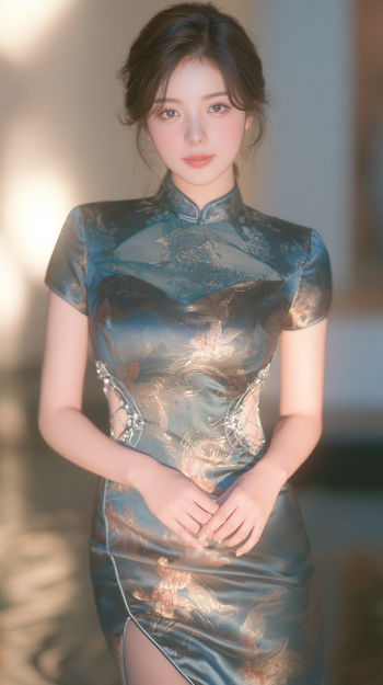 Elegant East Asian Woman in Modern Qipao Dress