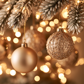 Elegant Gold Christmas Ornaments on Frosted Evergreen
