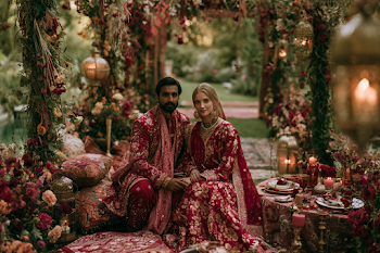 Elegant Indian Wedding Portrait in a Flower-filled Garden