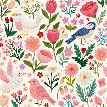 Elegant Watercolor Spring Pattern with Birds and Flowers