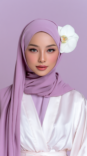 Elegant Woman in Lavender Hijab with Orchid