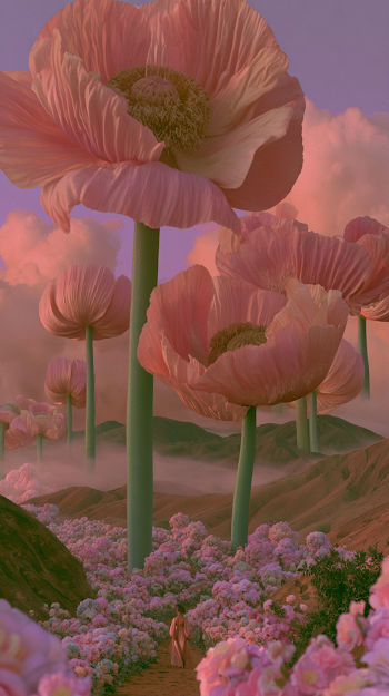 Enchanting Fantasy Landscape with Gigantic Pink Poppies