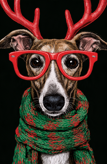 Festive Whippet Dog with Reindeer Antlers and Scarf