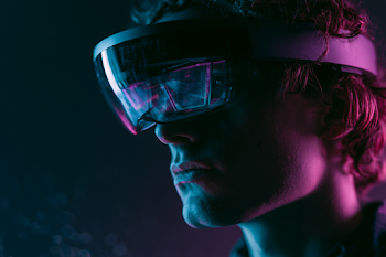 Futuristic Portrait of a Young Man in Virtual Reality Headset