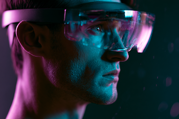 Futuristic Portrait of a Young Man with Virtual Reality Headset
