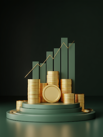 Golden Coin on Podium with Growth Graph