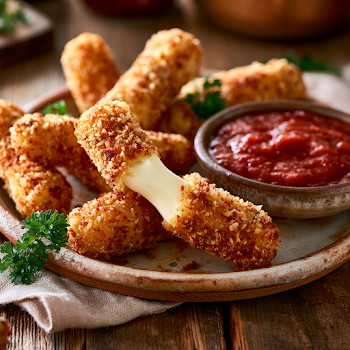 Golden Homemade Mozzarella Sticks with Marinara