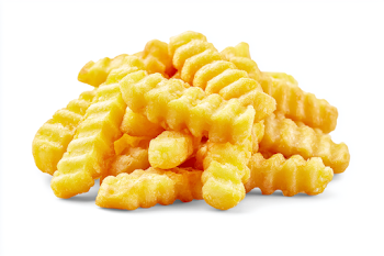 Golden Yellow Crinkle-Cut French Fries on White Background