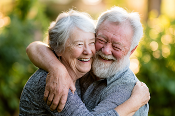 Heartwarming Senior Couple Embracing in Sunlit Park
