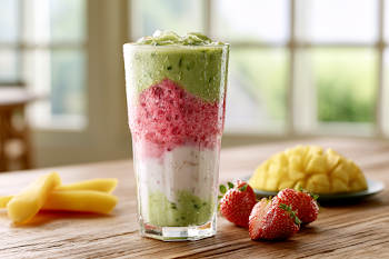 Iced Matcha Latte with Strawberry Puree and Creamy Milk Layers