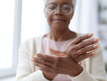 Intimate Wellness Moment: Older Black Woman Massaging Her Hands