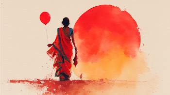 Joyful Journey: Woman in Sari with Child and Balloon