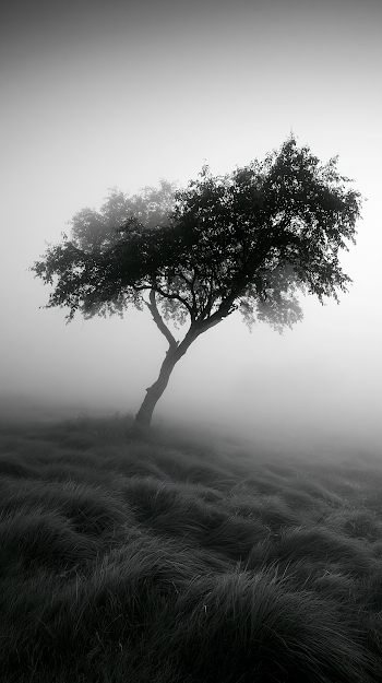Lone Tree in Fog: Minimalist Black and White Fine Art