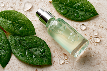 Luxurious Skincare Serum with Fresh Green Leaves