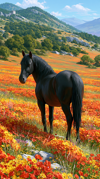 Majestic Black Horse in a Vibrant Flower Valley