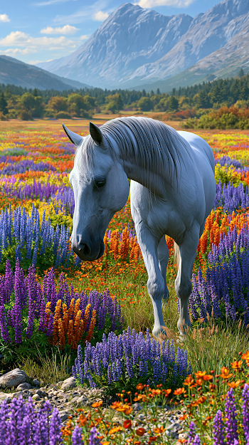 Majestic White Horse in a Vibrant Flower Valley