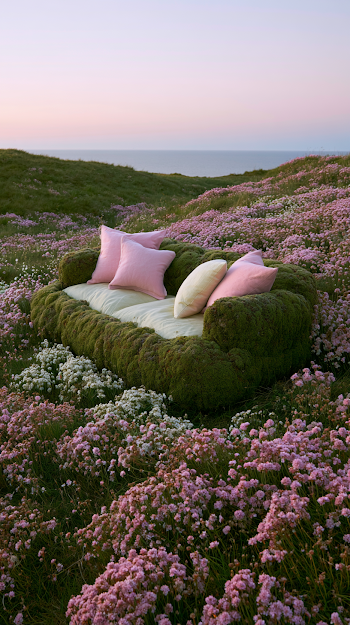 Moss-Covered Outdoor Sofa Amidst Blooming Wildflowers