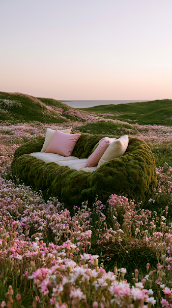 Moss-Covered Outdoor Sofa in Blooming Wildflower Field