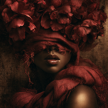 Mysterious Elegance: Portrait of a Black Woman with Red Flowers