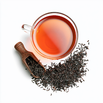 Overhead View of Clear Glass Cup with Black Tea and Tea Leaves
