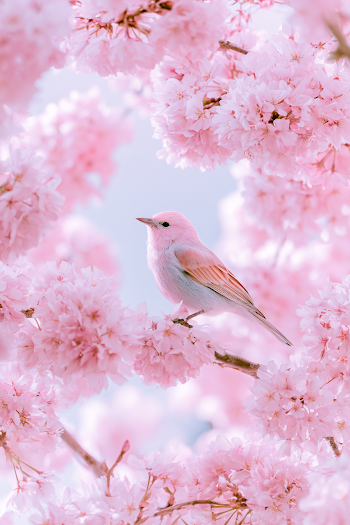 Pastel Pink Songbird Amid Cherry Blossoms