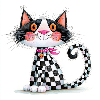 Playful Checkerboard Cat Illustration